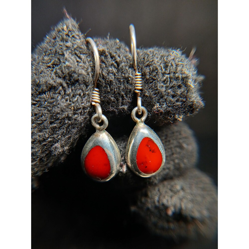 Sterling Silver Red Howlite Dangle Earrings 925 Mexico Teardrop Drop Earrings